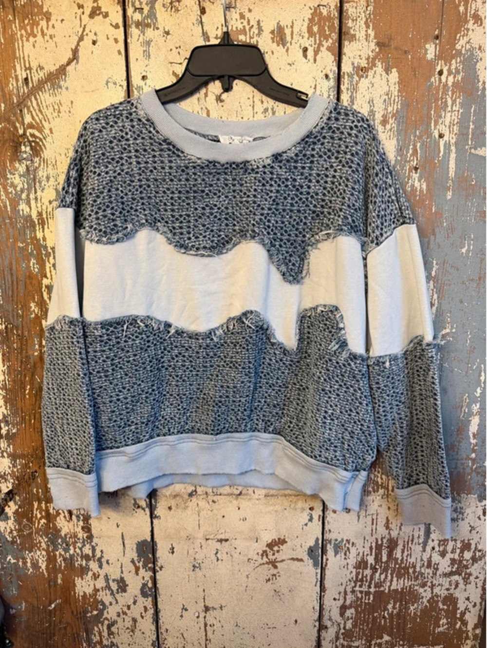 Oli & Hali Mixed Fabric Distressed Crewneck pullover, size small, gray/blue